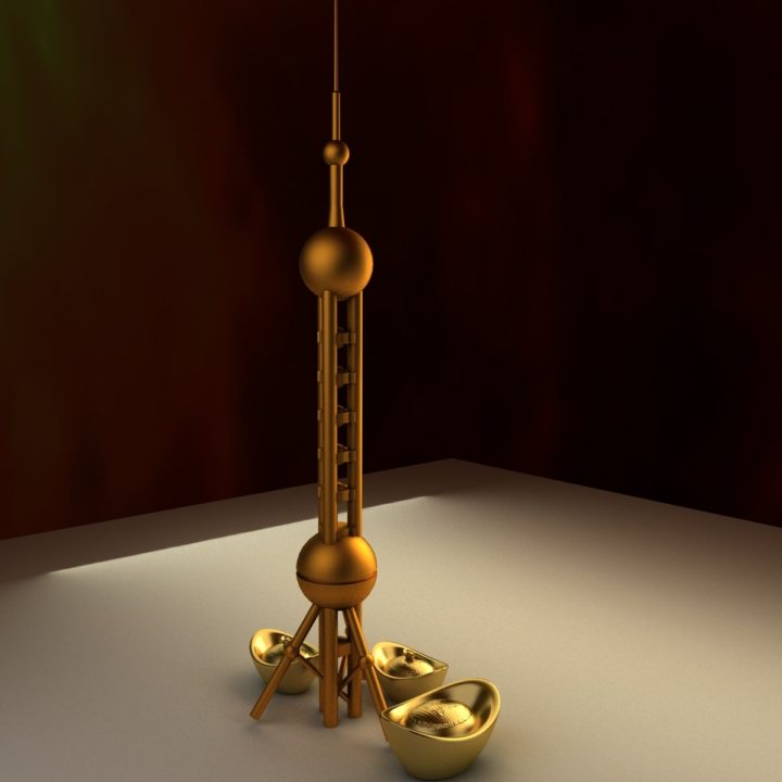 3D Chinese gold ingot and tower