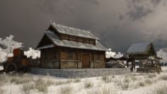 Japan’s ancient residential buildings in winter scene 3 d model