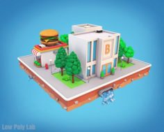 Cartoon City Block Burger Cafe Bank Low Poly 3D Model