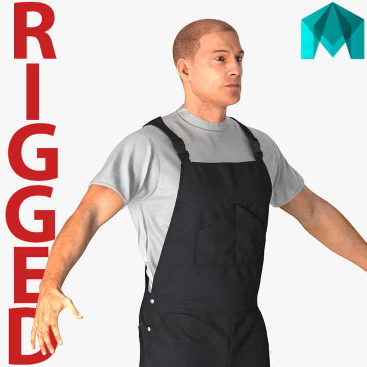 3D Worker Wearing Black Overalls Suit Rigged for Maya model 3D Model