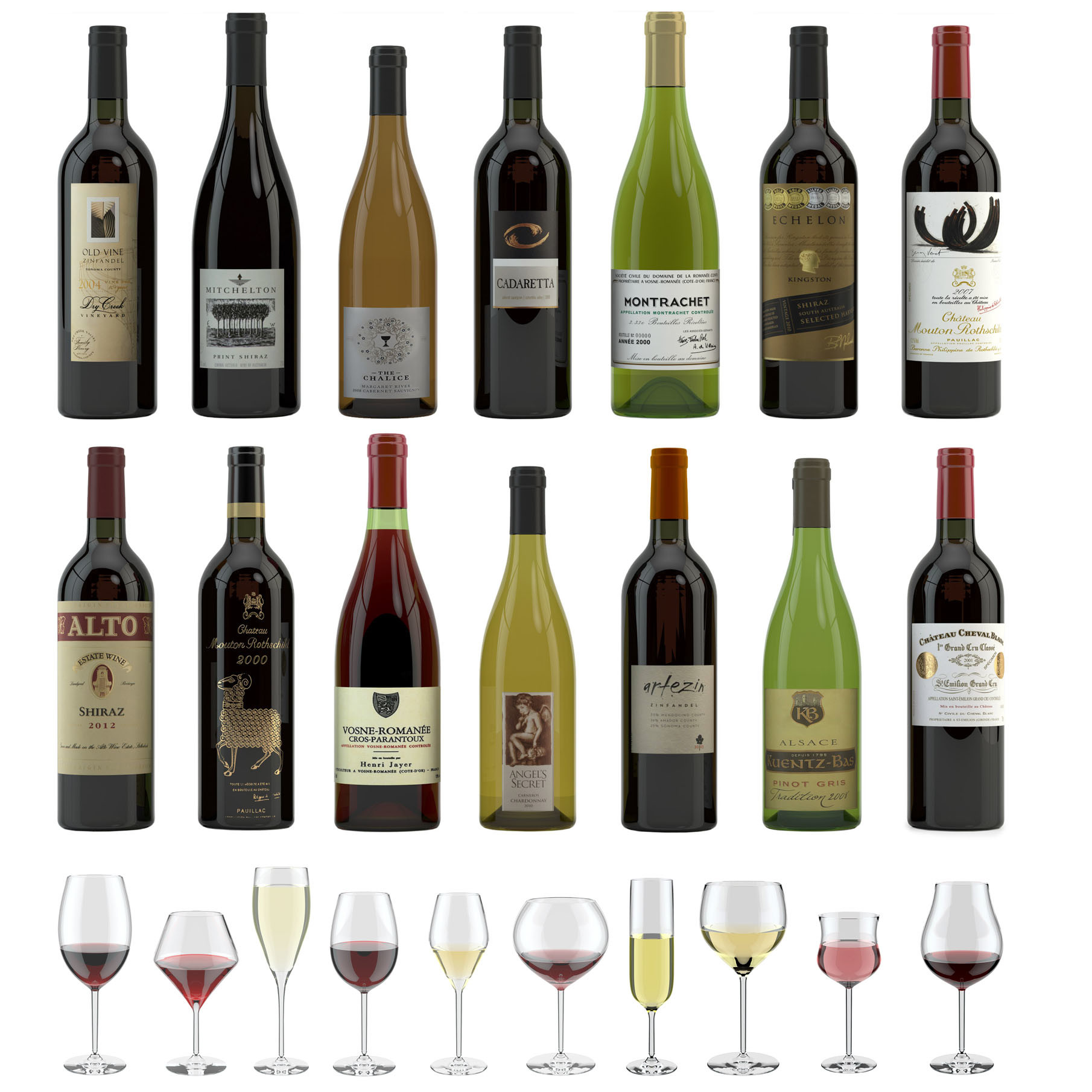 Wine Set of 14 bottles and 12 different wine glasses, tray, wine holder  stand (Vray and Corona render) 3D Model