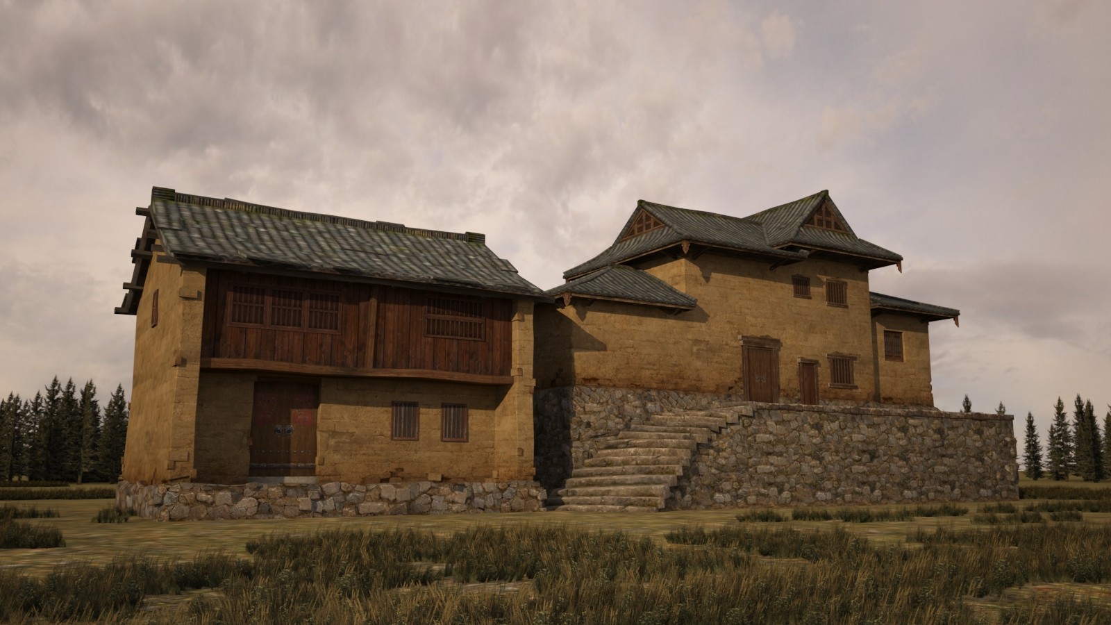 Two ancient yellow mud houses building 3D scene models 3D 3D Model