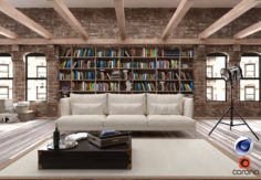 3D model Loft Living Room C4D + Corona 3D Model