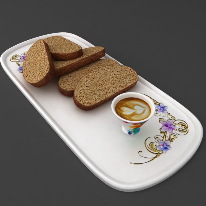 Bread on plate with cup of  tea coffee 3D Model