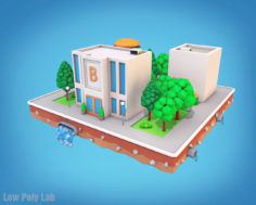 3D Cartoon City Block Burger Cafe Bank Low Poly 3D Model