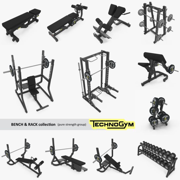 Bench, Rack & Barbell collection Technogym, full set 12 gym items, (pure strength group) 3D Model