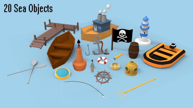 Low Poly Sea Objects Pack 3D Model