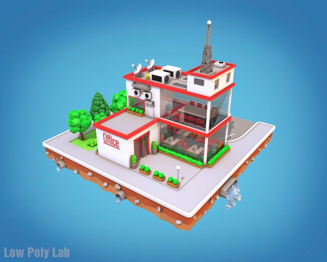 Cartoon City Block Office Parking Low Poly 3D Model