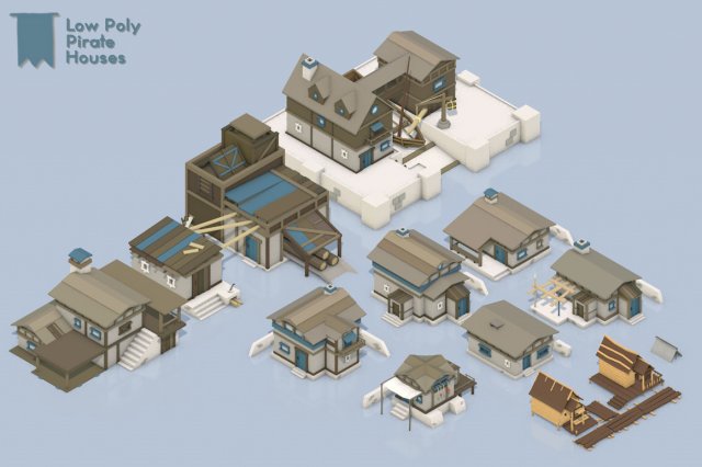 Low Poly Pirate Houses 3D Model
