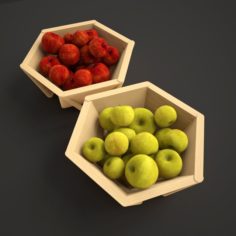 Wooden Basket with Apples 3D Model