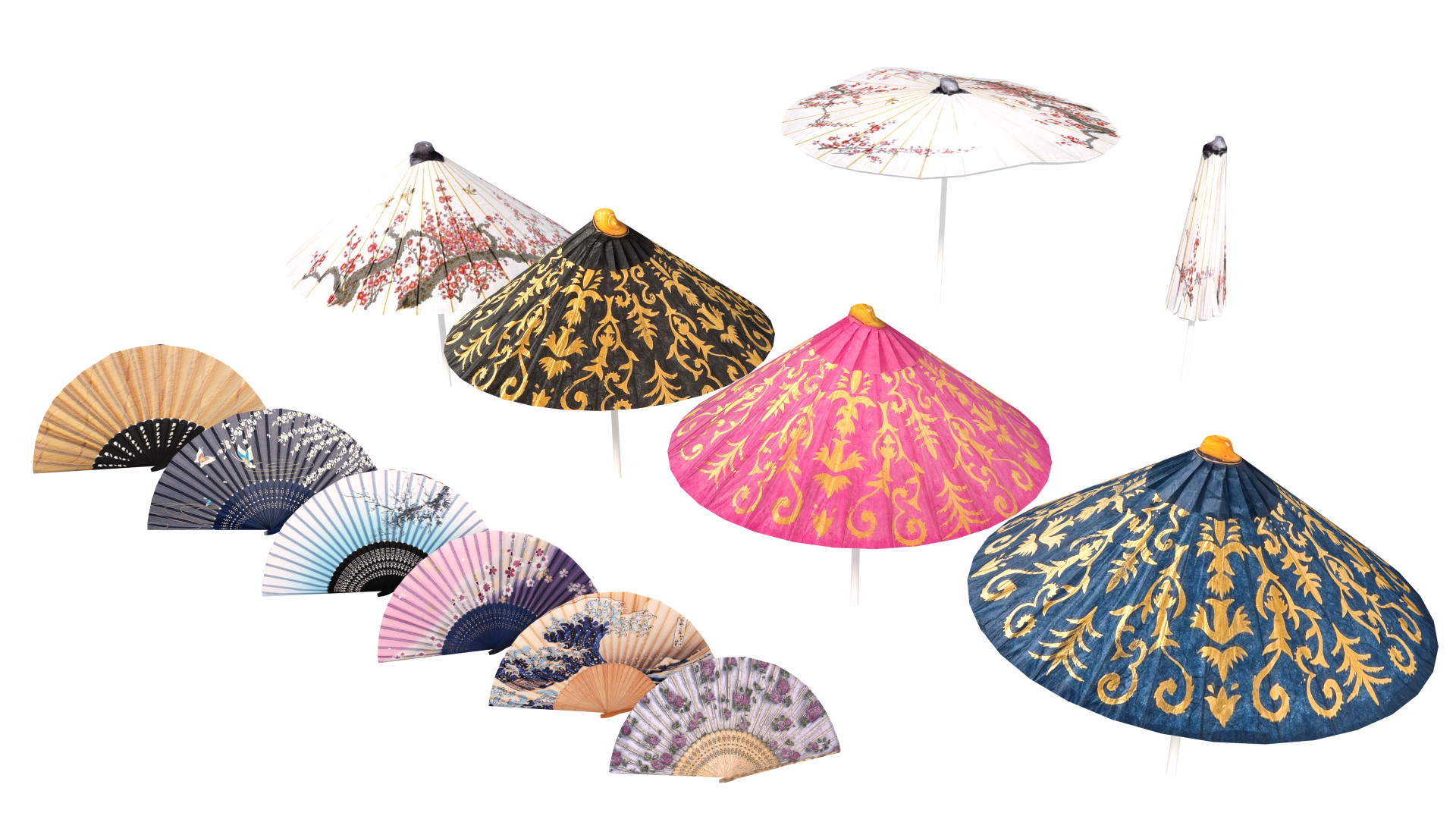 Japanese Battle Fans and Animated Parasols Pack Oriental Weapons Scenery Prop loot items gear Fan Parasol 3D Model