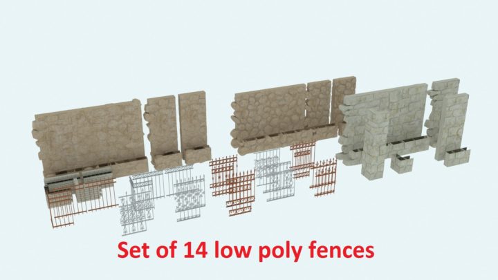 Set of 14 low poly fences 3D Model