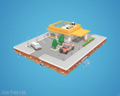 Cartoon Car Service Low Poly Building 3D Model