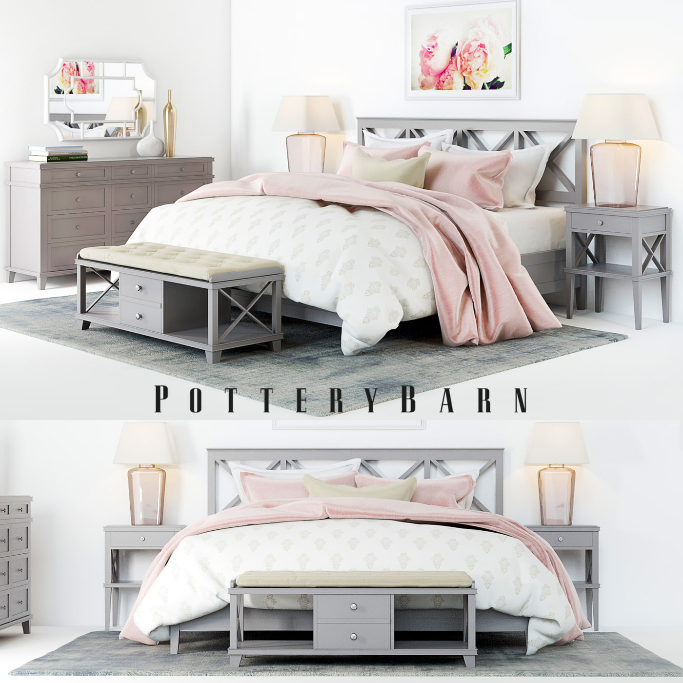 Pottery Barn Clara Lattice Bedroom set 3D Model
