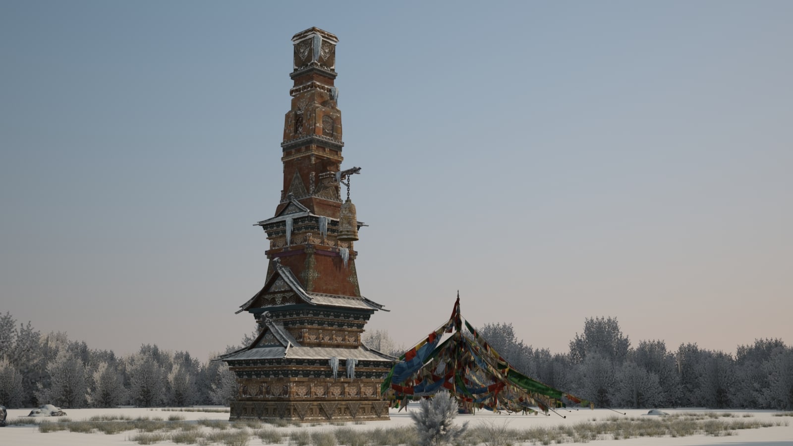 A 3D model of the five-colored prayer flags of the Tibetan buddhist pagoda 3D Model