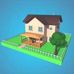 Low Poly House Model with Ground and fencing 3D Model