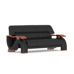 Black Leather Sofa with Wooden Arms 3D Model