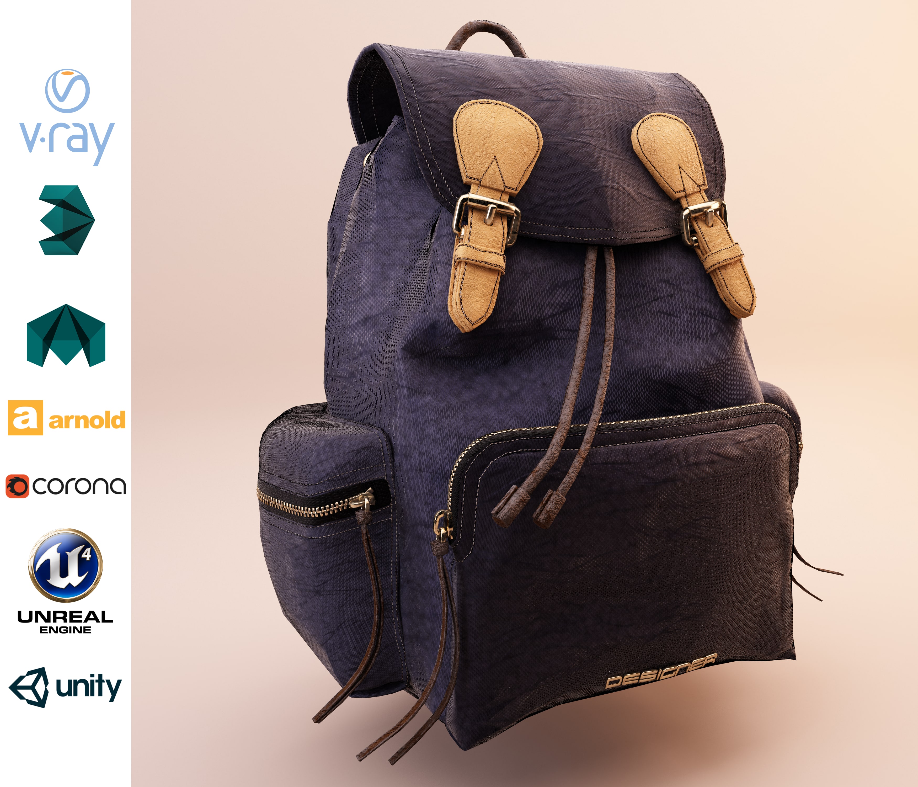 Leather and Nylon Rucksack for Women 3D Model