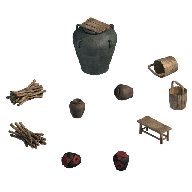 Water tank – wine altar – firewood – bucket 3D Model