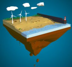 Floating island of Desert windfarm beach 3D model 3D Model