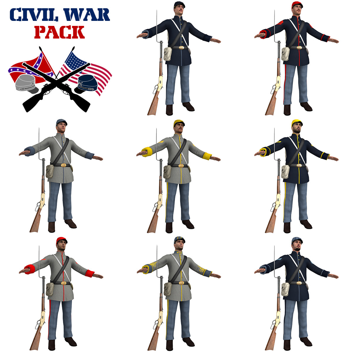 Civil War Soldiers PACK 3D Model - 3DHunt.co