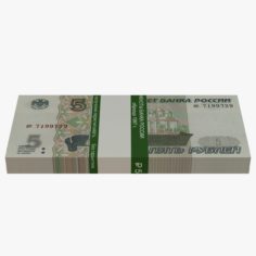 Bank Bundle of Five Russian Roubles Banknotes with Original Bank Ribbon 3D 3D Model