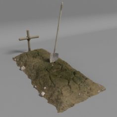 Dirt Grave With Wood Cross and Shovel 3D Model