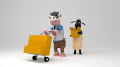 cow, sheep carrying boxes with a wheelbarrow 3D Model