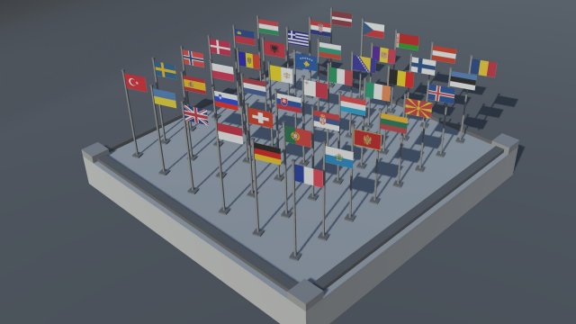 Low Poly Flagpole Europe Region Pack – 45 flags 3D Model