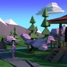 Sakura – Japanese Themed Low Poly Landscape						 Free 3D Model