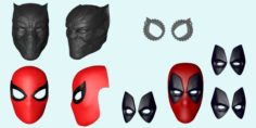 Set of masks and helmets Black Panther Spider-Man Deadpool 3D Model