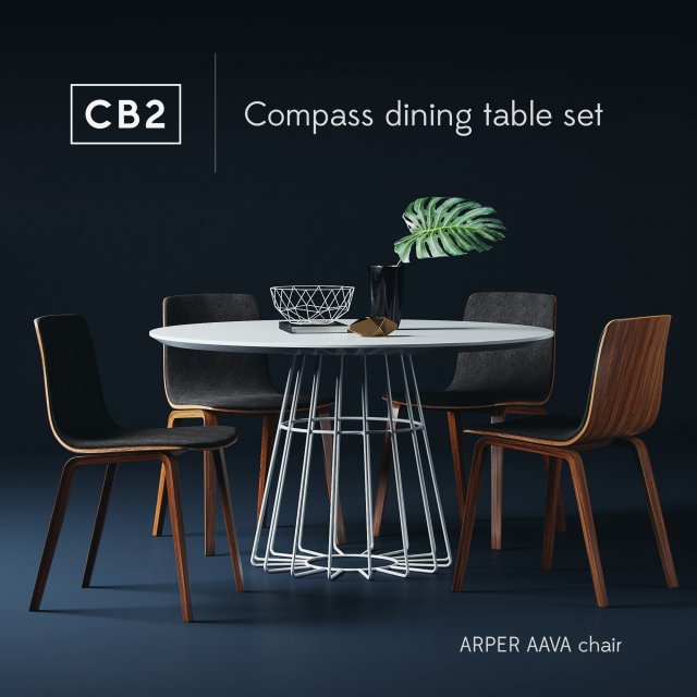 CB2 compass dining table set with Arper Aava chair 3D Model