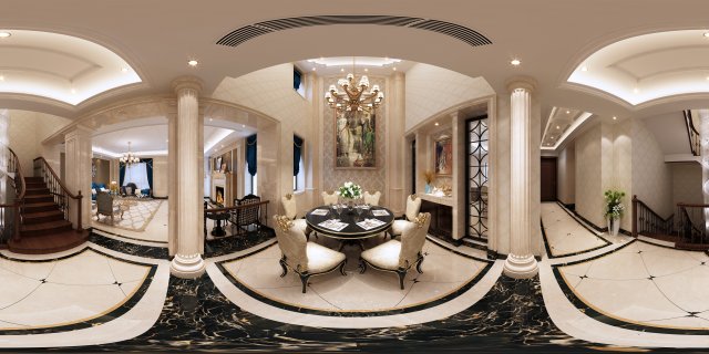 Panorama European Style Living Room Restaurant Space 09 3D Model