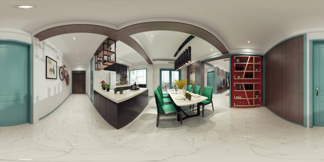 Panoramic contemporary style dining room kitchen space 02 3D Model