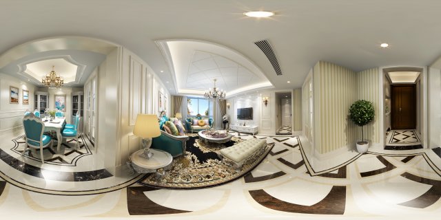 Panoramic European Style Living Room Restaurant Space 12 3D Model