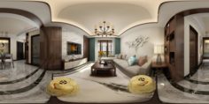Panorama Antique Chinese Style Living Room Restaurant Space 09 3D Model