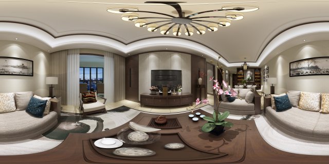 Panorama Antique Chinese Style Living Room Restaurant Space 27 3D Model