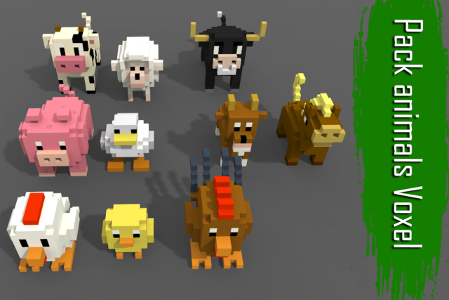Pack 10 Voxel Farm Animals low-poly 3D Model