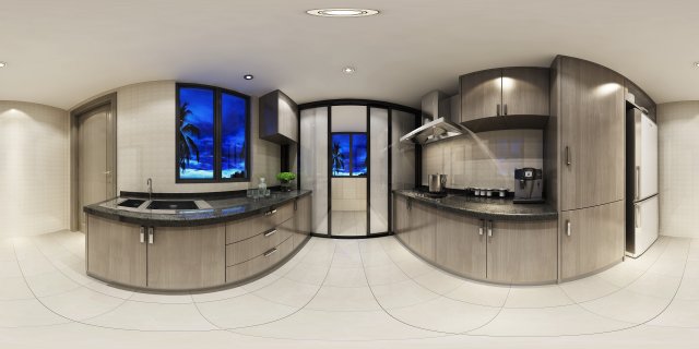 Panoramic contemporary style kitchen with kitchen space 07 3D Model