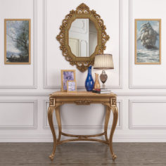 Set decor_Antique French onyx table and Antique gold mirror & lamp 3D Model