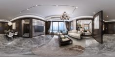Panorama Antique Chinese Style Living Room Restaurant Space 20 3D Model