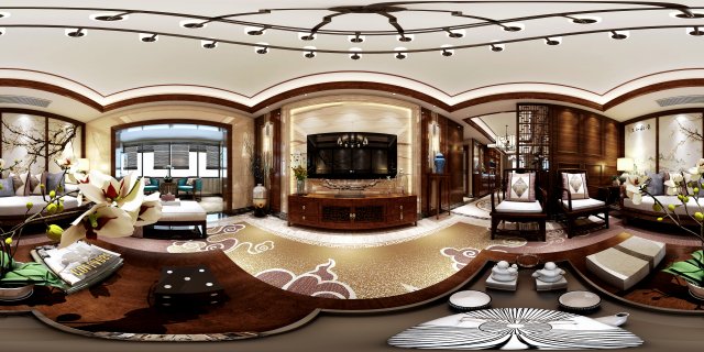 Panorama Antique Chinese Style Family Living Room Restaurant 16 3D Model