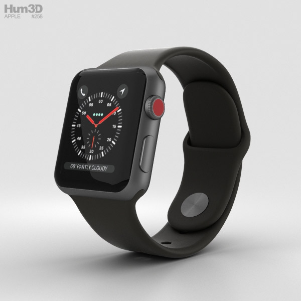 Apple Watch Series 3 38mm GPS + Cellular Space Gray Aluminum Case Black Sport Band 3D Model