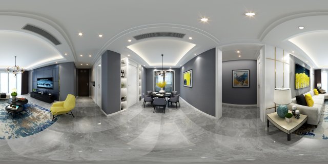 Panoramic Modern Style Living Room Restaurant Space 21 3D Model