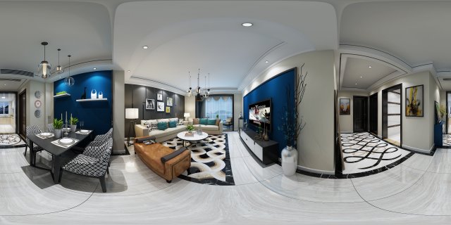 Panoramic Modern Style Living Room Restaurant Space 75 3D Model