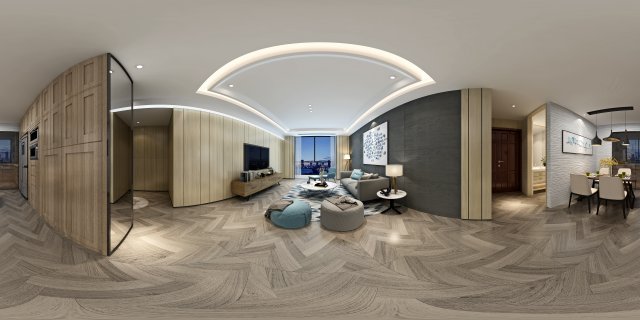 Panoramic Modern Style Living Room Restaurant Space 85 3D Model
