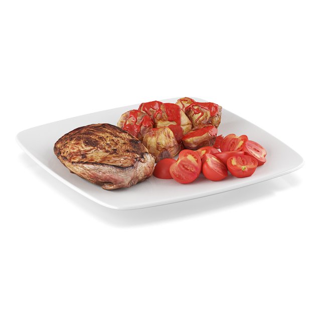 Meat on the plate with tomatoes 3D Model