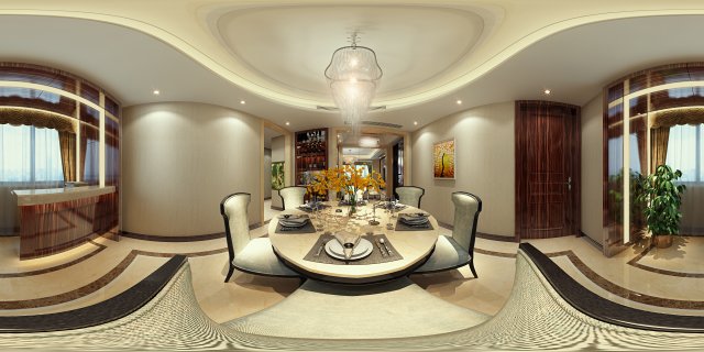 Panoramic neo-classical style dining room kitchen space 01 3D Model