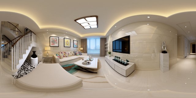 Panoramic Modern Style Family Living Room Restaurant 08 3D Model