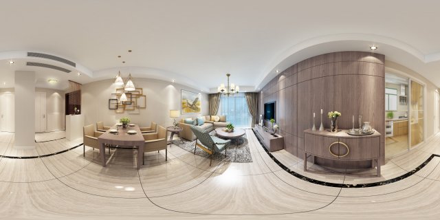 Panoramic Modern Style Living Room Restaurant Space 01 3D Model